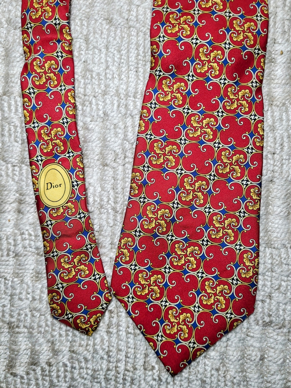 Christian Dior Vintage Silk Tie Red Gold Baroque Neoclassical Scroll Made France